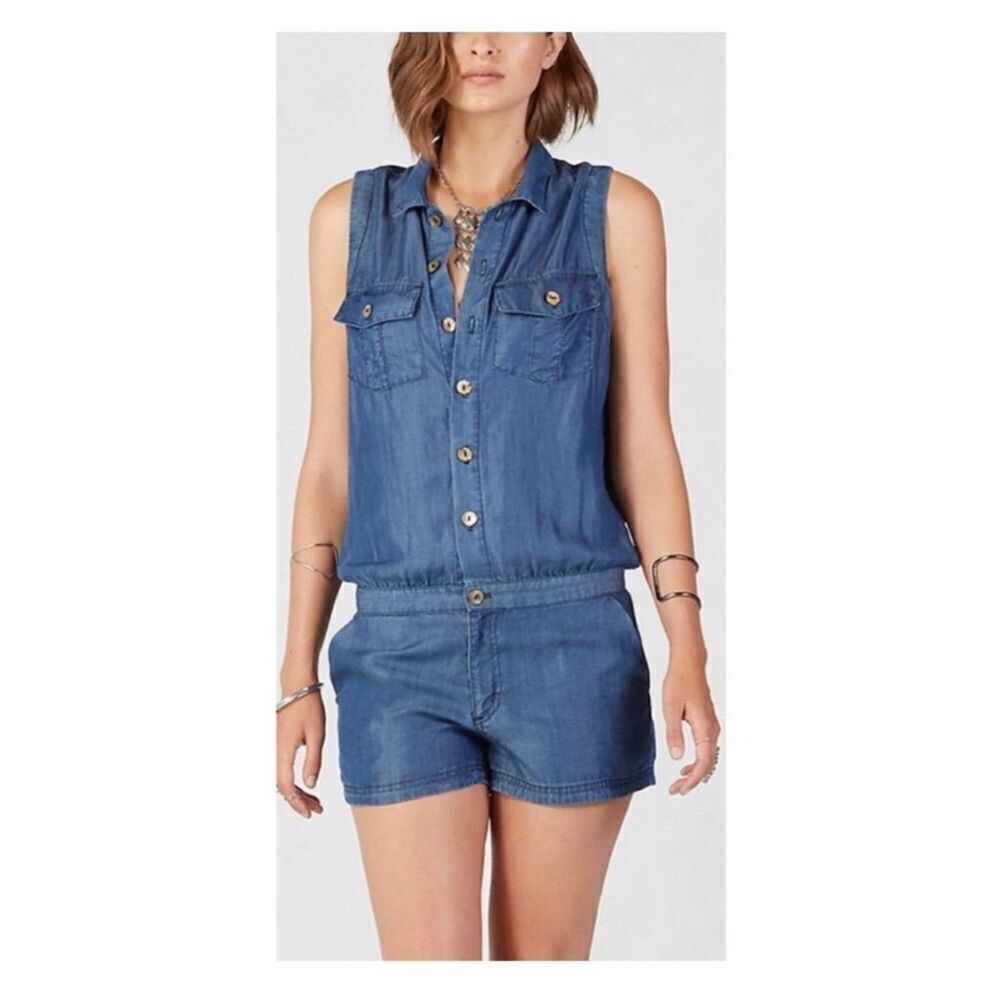 True Religion Women's Blue Sleeveless Button Down‎ Romper Tencel Size M